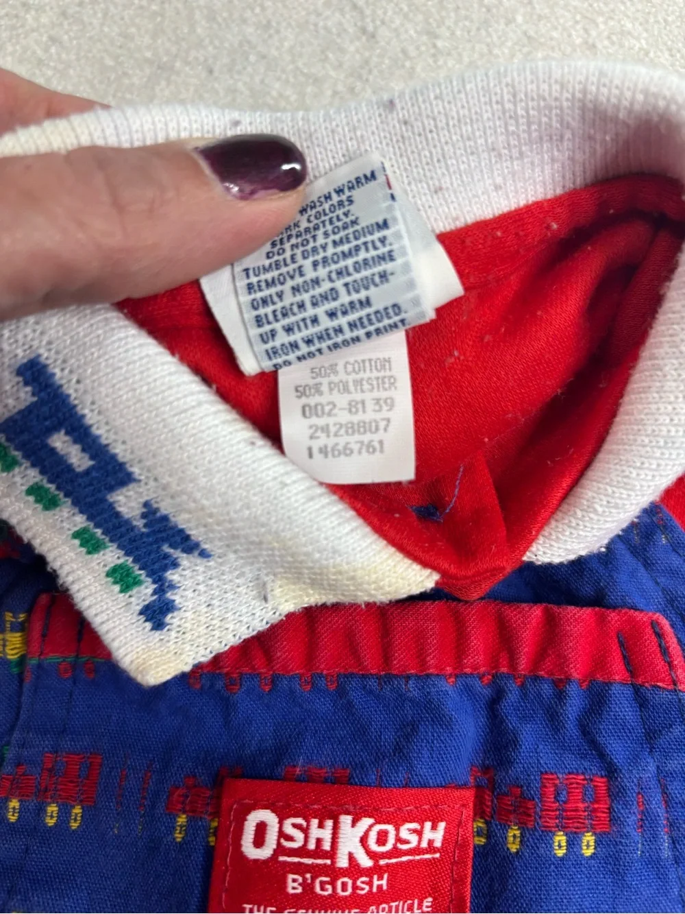 Vintage OshKosh B’Gosh Baby Train Shortall Outfit Set USA Red Blue 6-9 Months